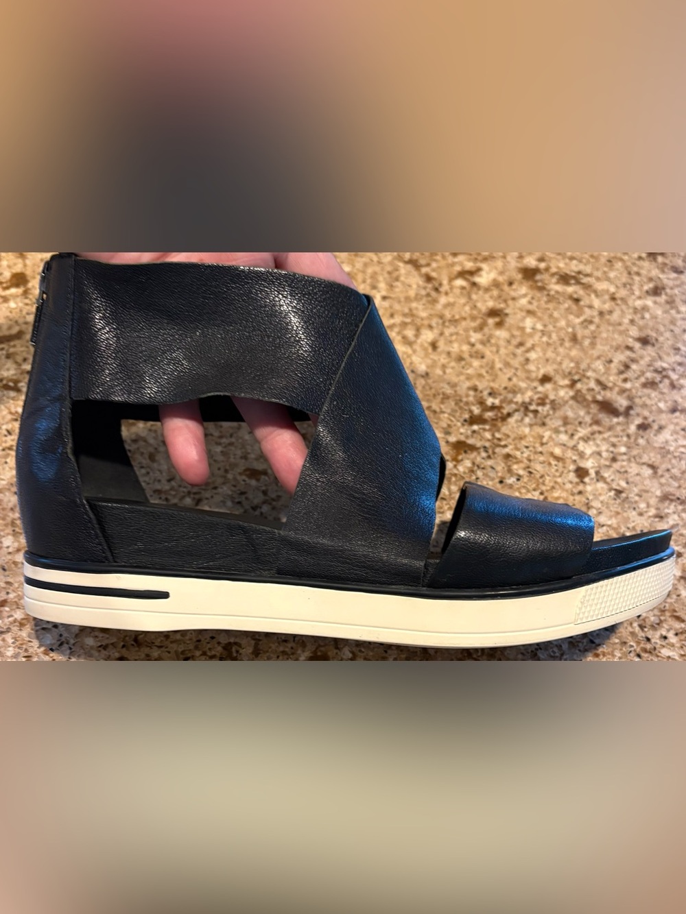 Eileen Fisher Black Leather Sport Tumbled Sneaker Sandal w Back Zipper Entry - 8 - Picture 7 of 10